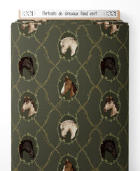 Tissu - Portraits de chevaux sur fond vert