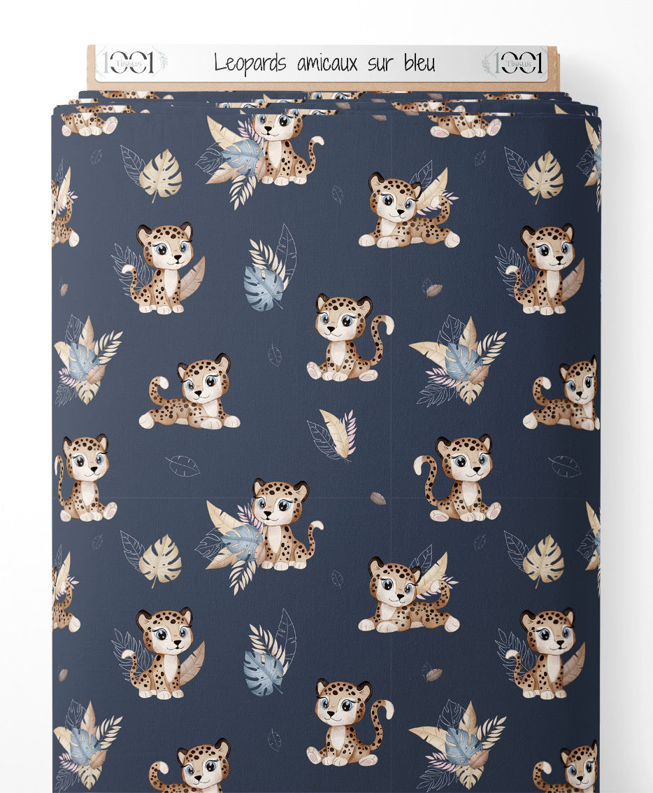 Tissu - Léopards amicaux sur bleu