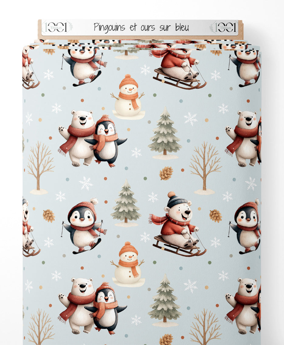 Tissu - Pingouins et ours sur bleu