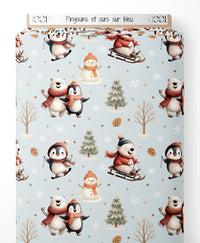 Tissu - Pingouins et ours sur bleu