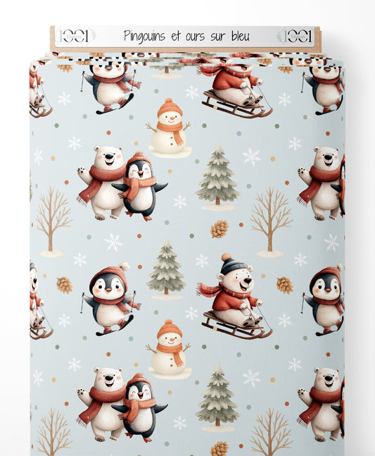 Tissu - Pingouins et ours sur bleu