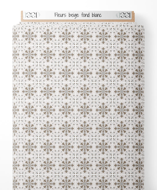 Tissu - Fleurs beige sur fond blanc