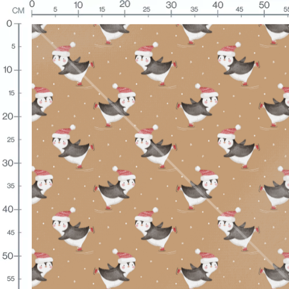 Tissu - Pingouins patineurs sur brun