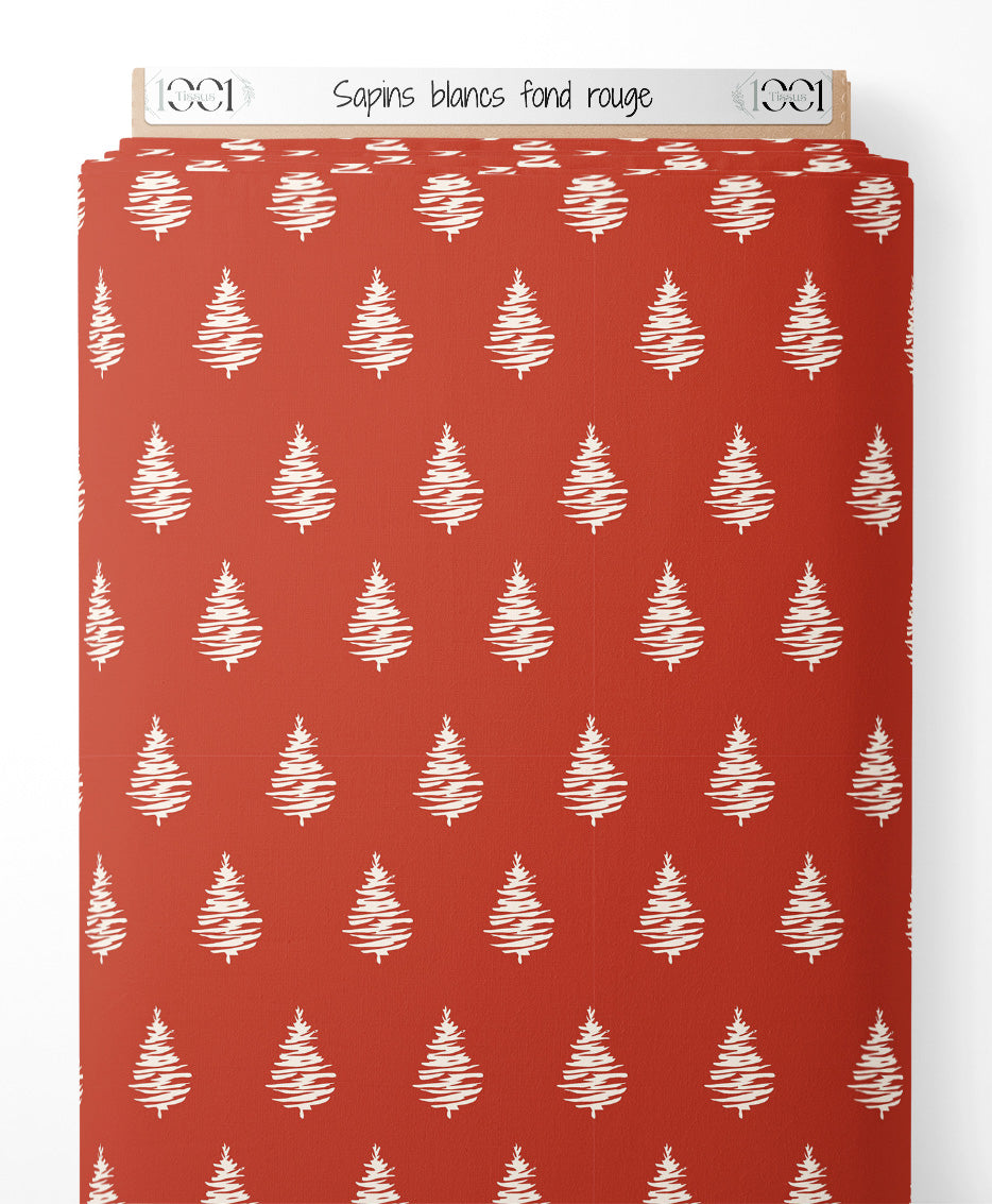 Tissu - Sapins blancs sur fond rouge