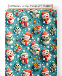 Tissu - bonhommes de neige chapeaux verts et rouges 3D