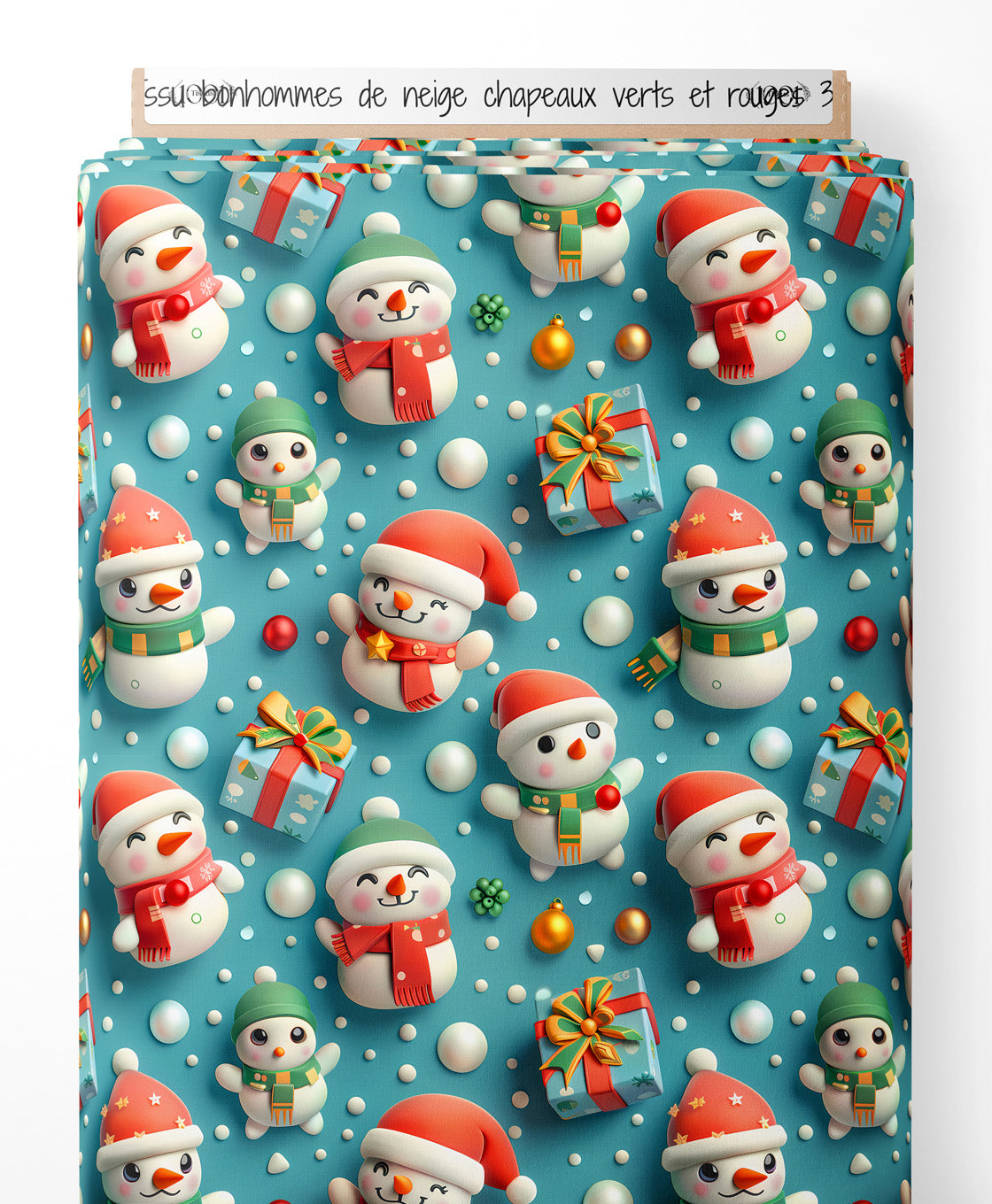 Tissu - bonhommes de neige chapeaux verts et rouges 3D