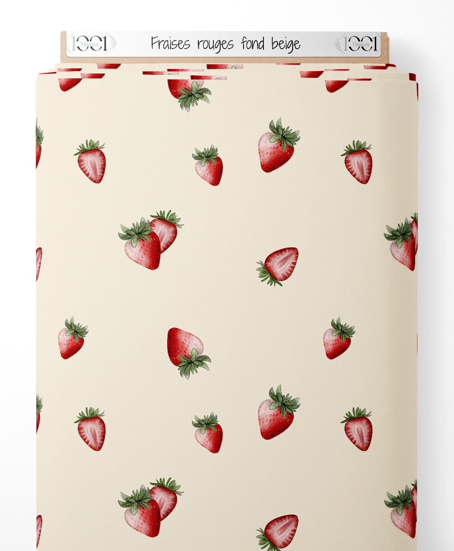Tissu - Fraises rouges sur fond beige