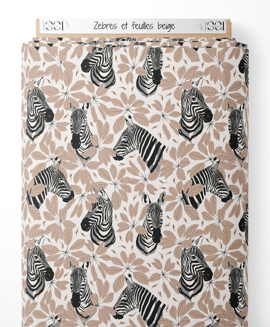 Tissu - Zèbres et feuilles beige