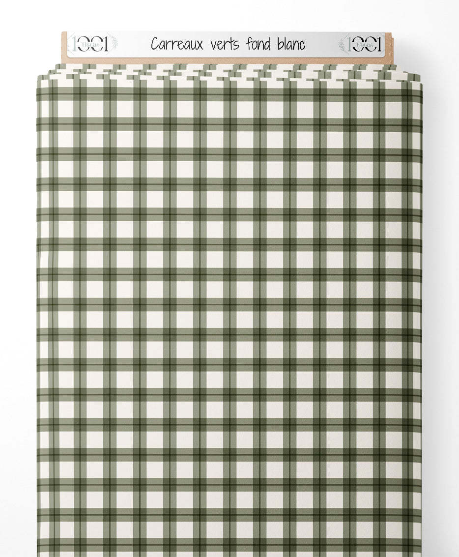 Tissu - Carreaux verts sur fond blanc