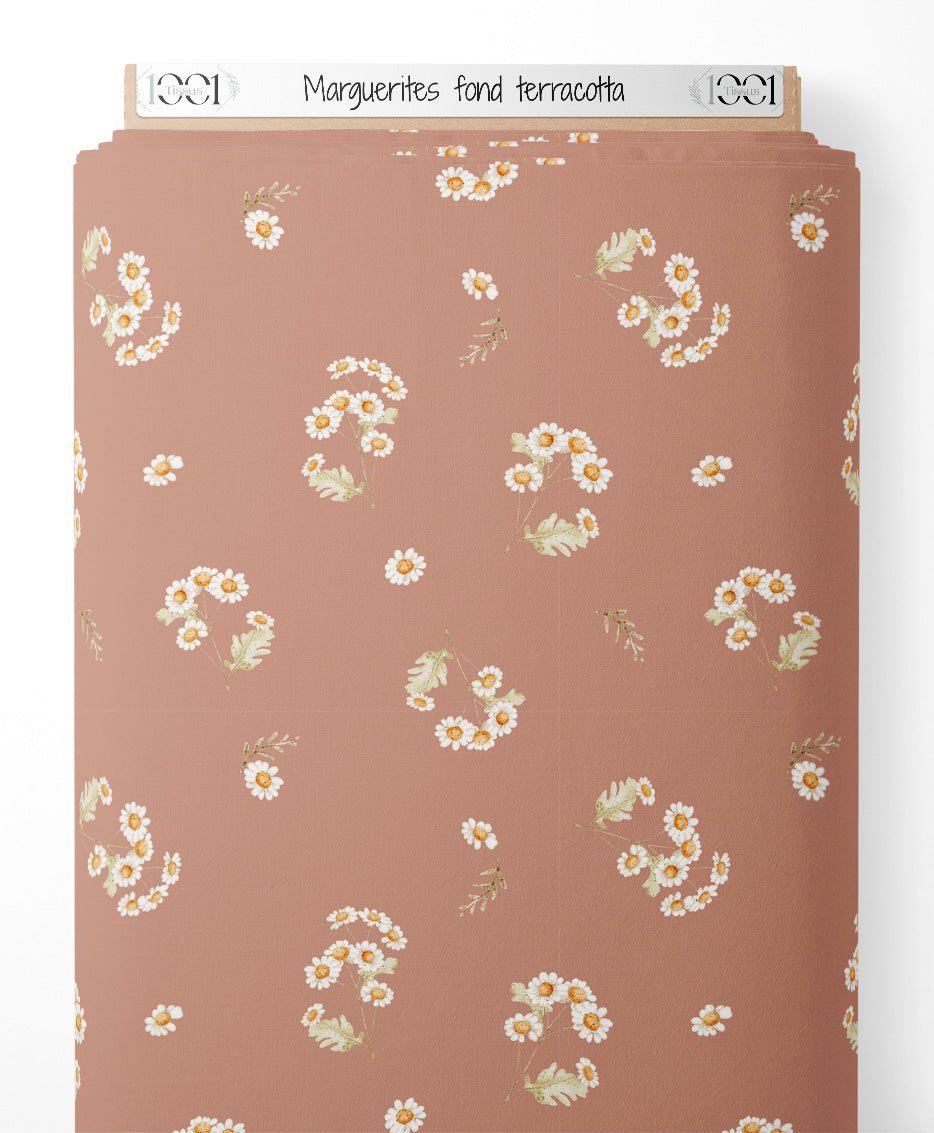 Tissu - Marguerites sur fond terracotta