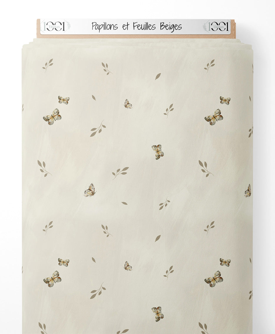 Tissu - Papillons et Feuilles Beiges