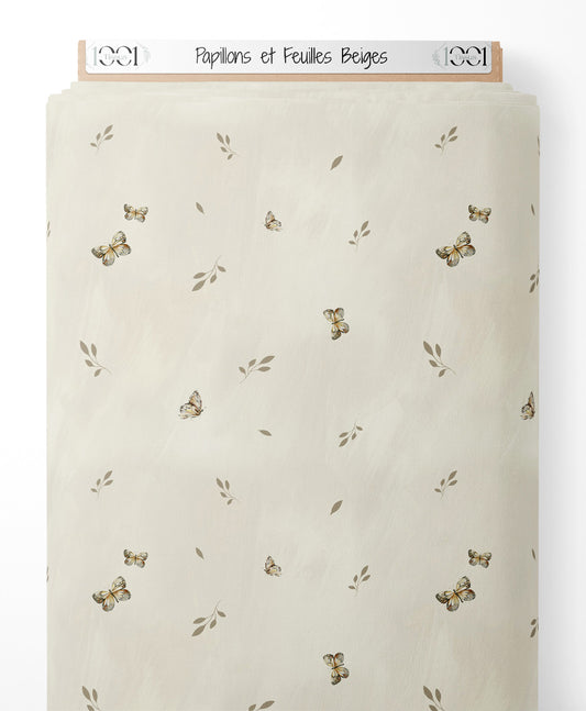 Tissu - Papillons et Feuilles Beiges