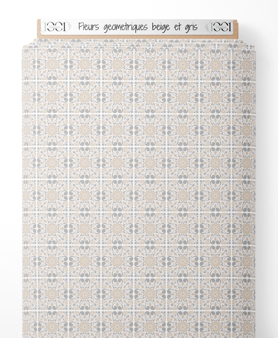 Tissu - Fleurs géométriques beige et gris