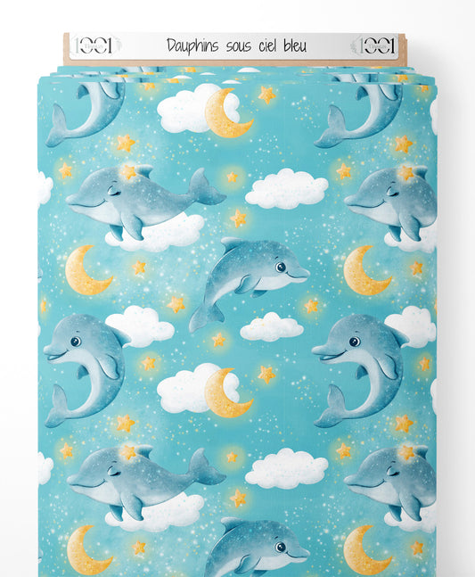 Tissu - Dauphins sous ciel bleu