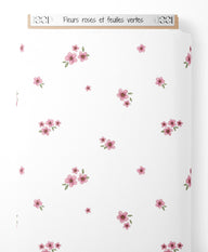 Tissu - Fleurs roses et feuilles vertes
