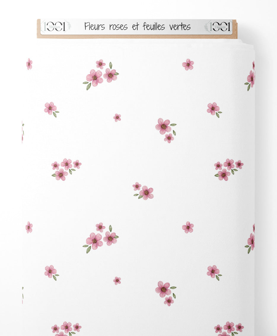 Tissu - Fleurs roses et feuilles vertes