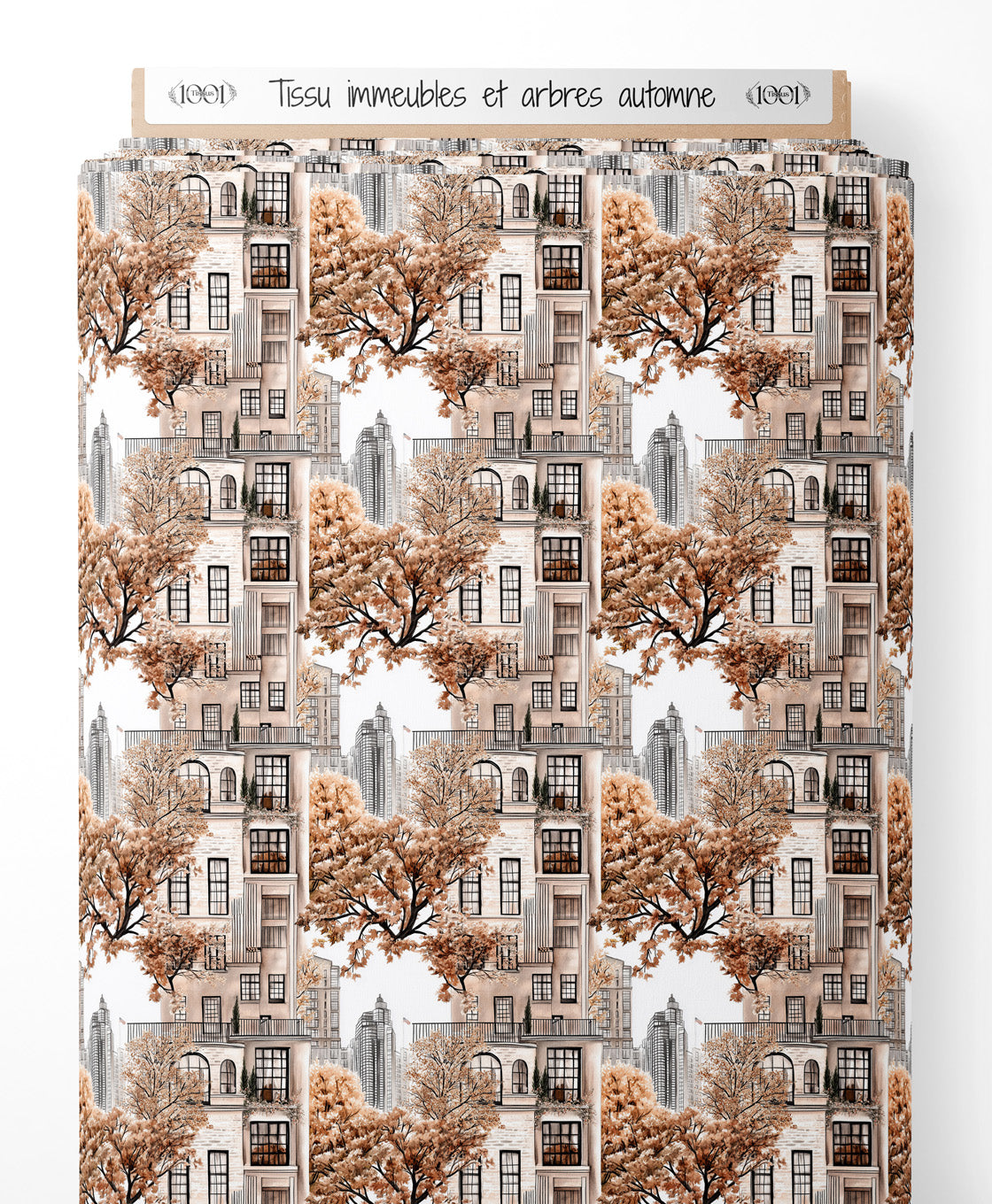 Tissu - immeubles et arbres automne