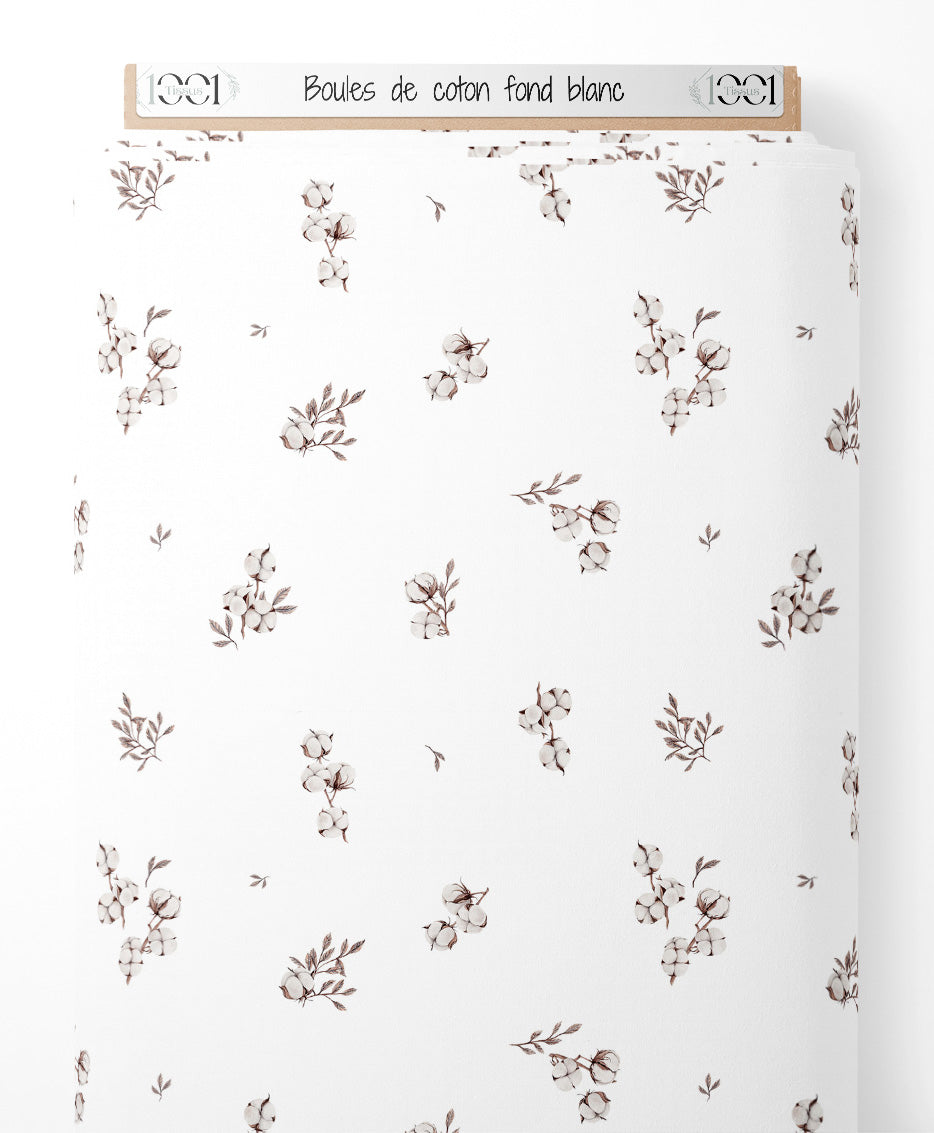 Tissu - Boules de coton sur fond blanc