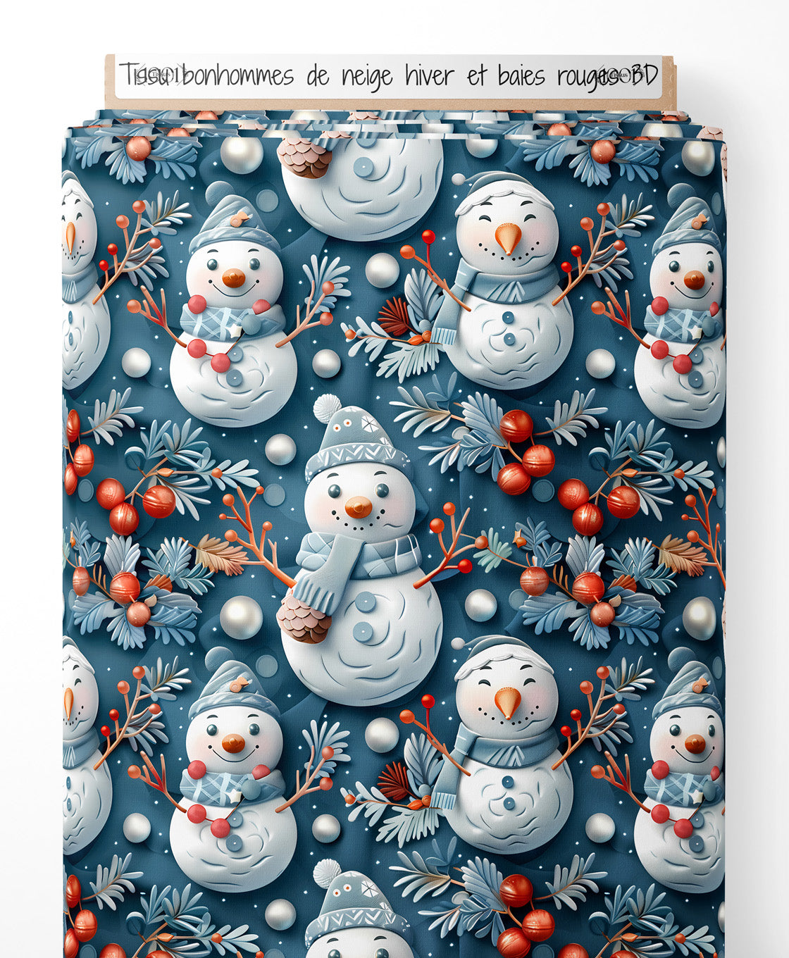 Tissu - bonhommes de neige hiver et baies rouges 3D