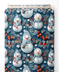 Tissu - bonhommes de neige hiver et baies rouges 3D