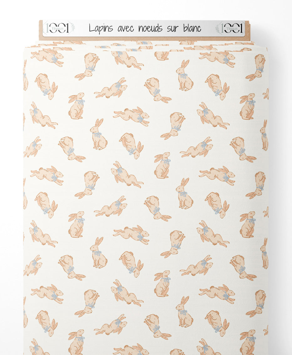 Tissu - Lapins avec nœuds sur blanc