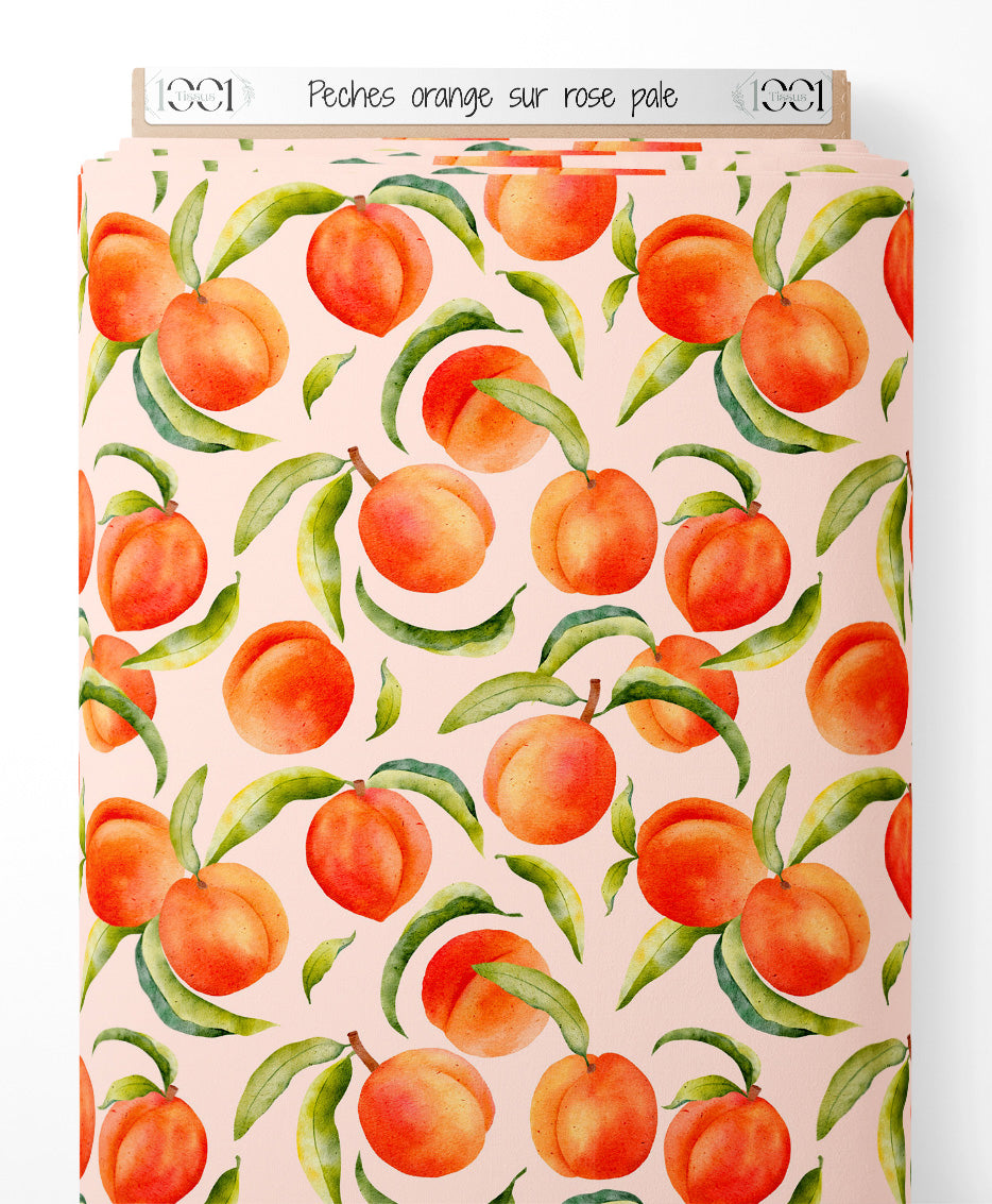 Tissu - Pêches orange sur rose pâle