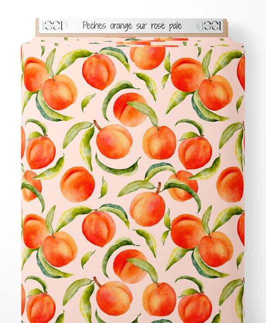 Tissu - Pêches orange sur rose pâle