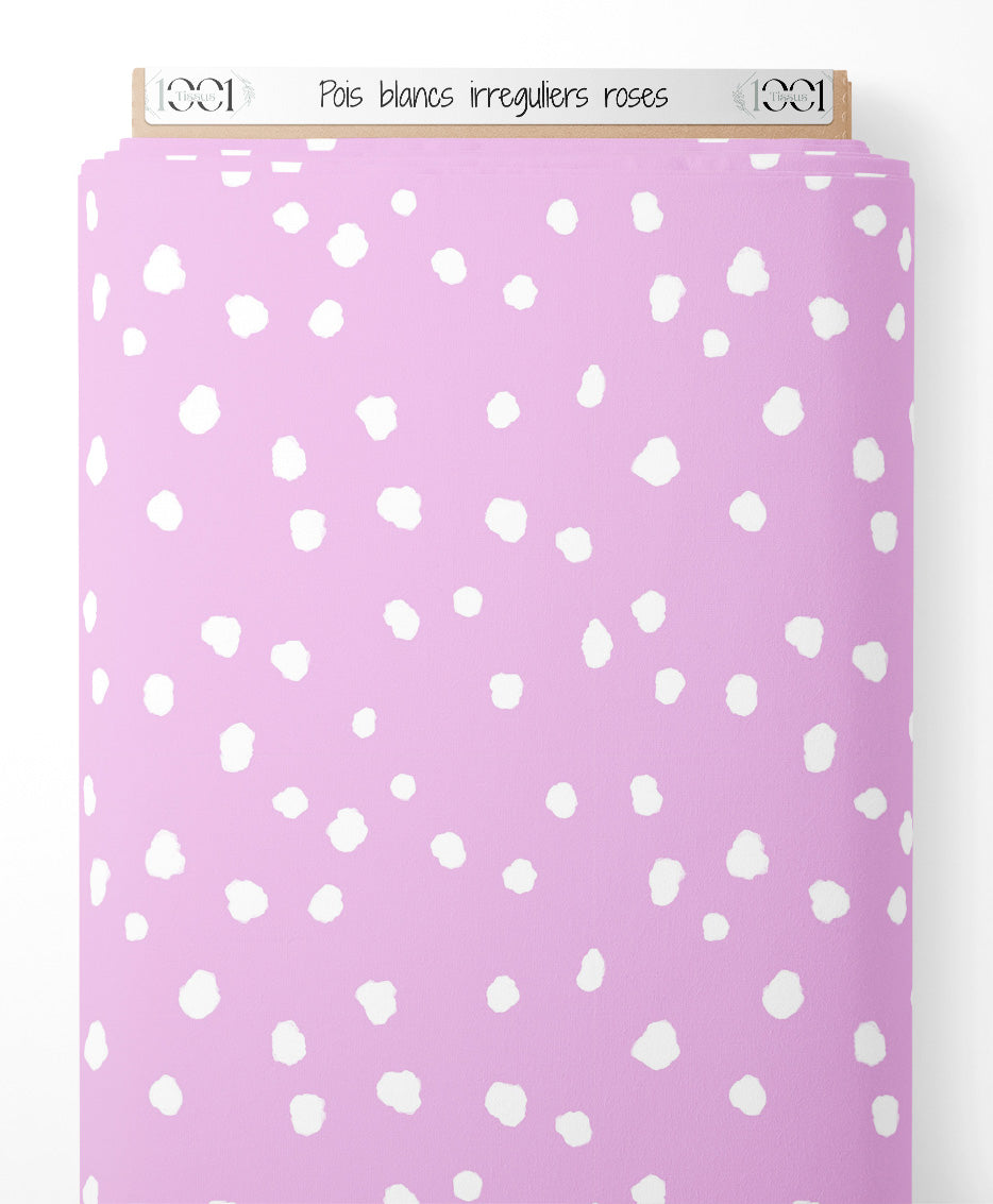 Tissu - Pois blancs irréguliers roses