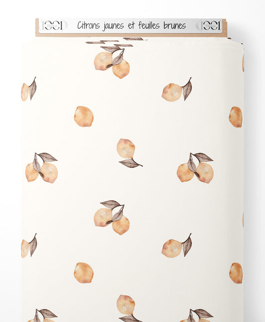 Tissu - Citrons jaunes et feuilles brunes