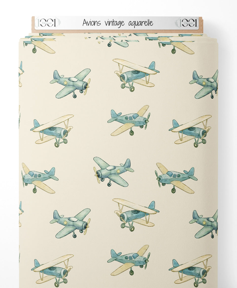 Tissu - Avions vintage aquarelle