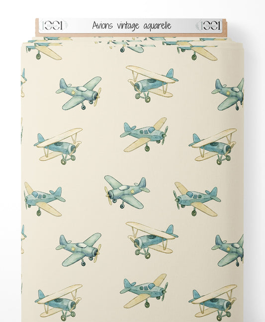 Tissu - Avions vintage aquarelle