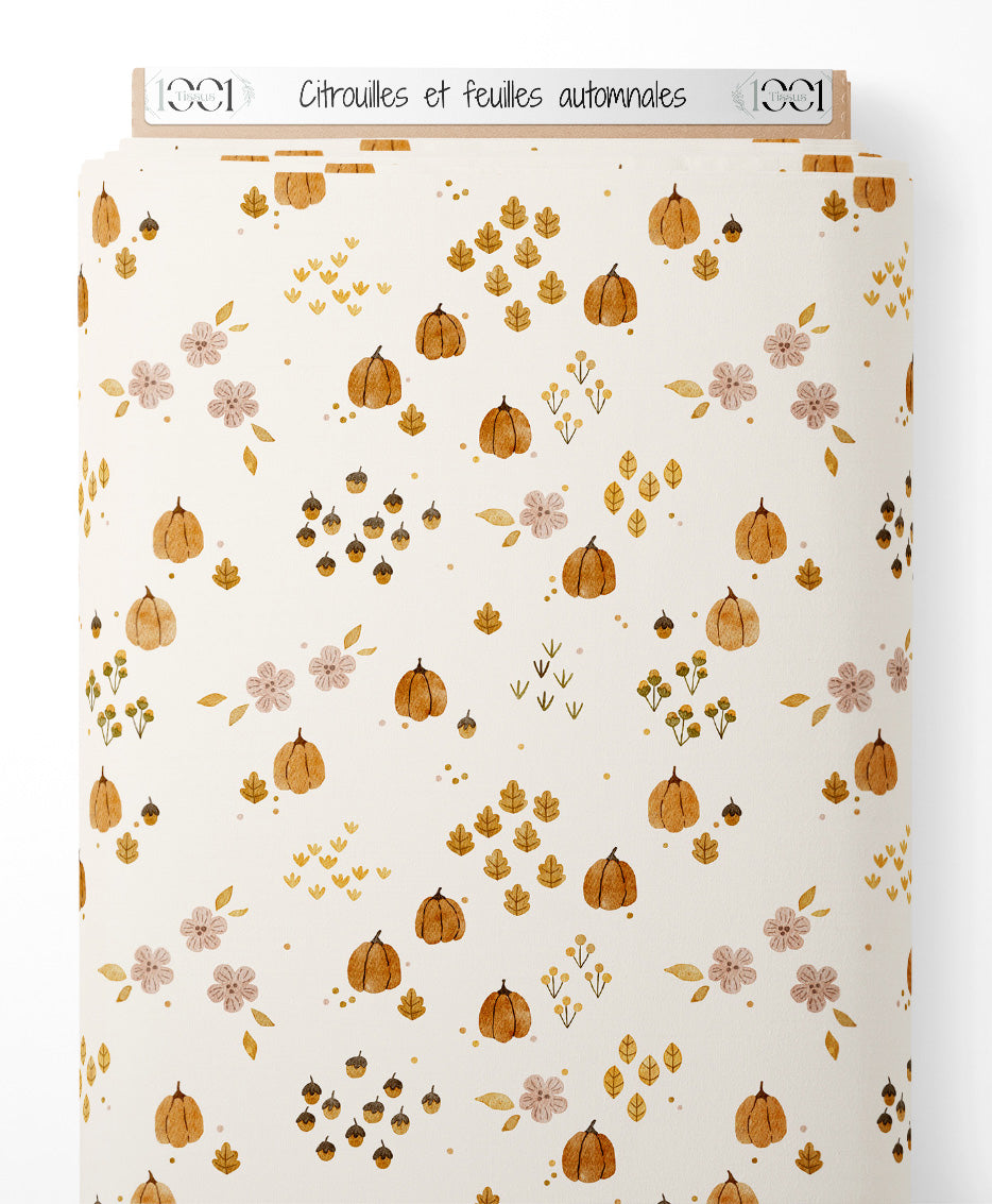 Tissu - Citrouilles et feuilles automnales