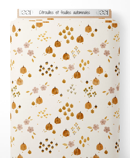 Tissu - Citrouilles et feuilles automnales