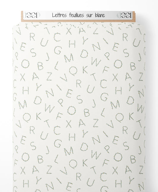 Tissu - Lettres feuillues sur blanc