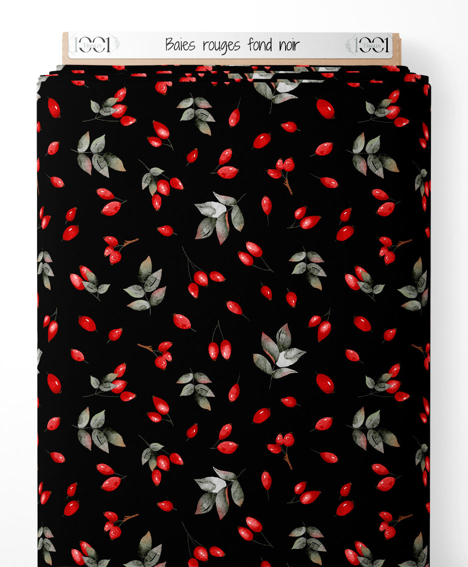 Tissu - Baies rouges sur fond noir