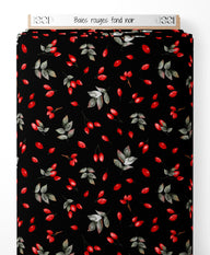 Tissu - Baies rouges sur fond noir