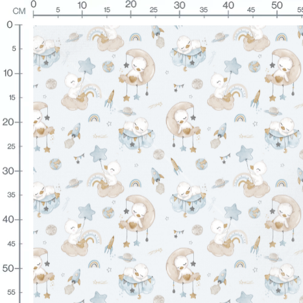 Tissu - Animaux et fusées sur bleu clair