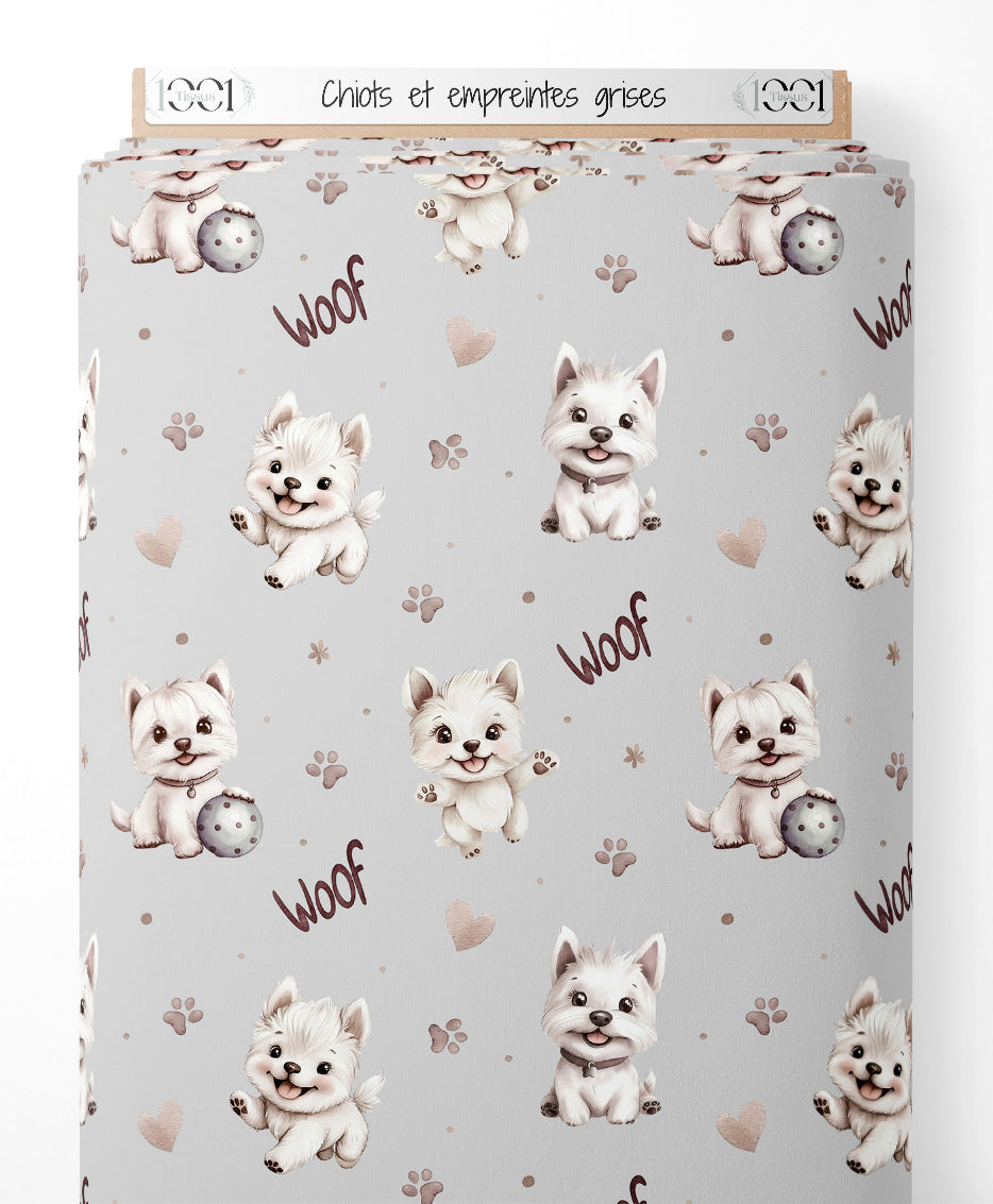 Tissu - Chiots et empreintes grises
