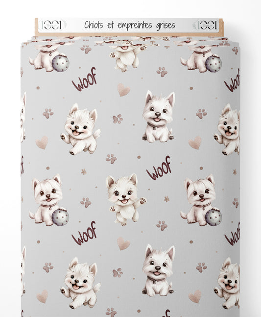 Tissu - Chiots et empreintes grises