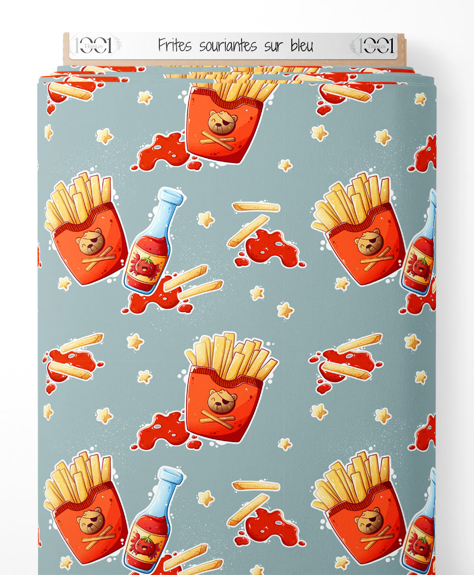 Tissu - Frites souriantes sur bleu