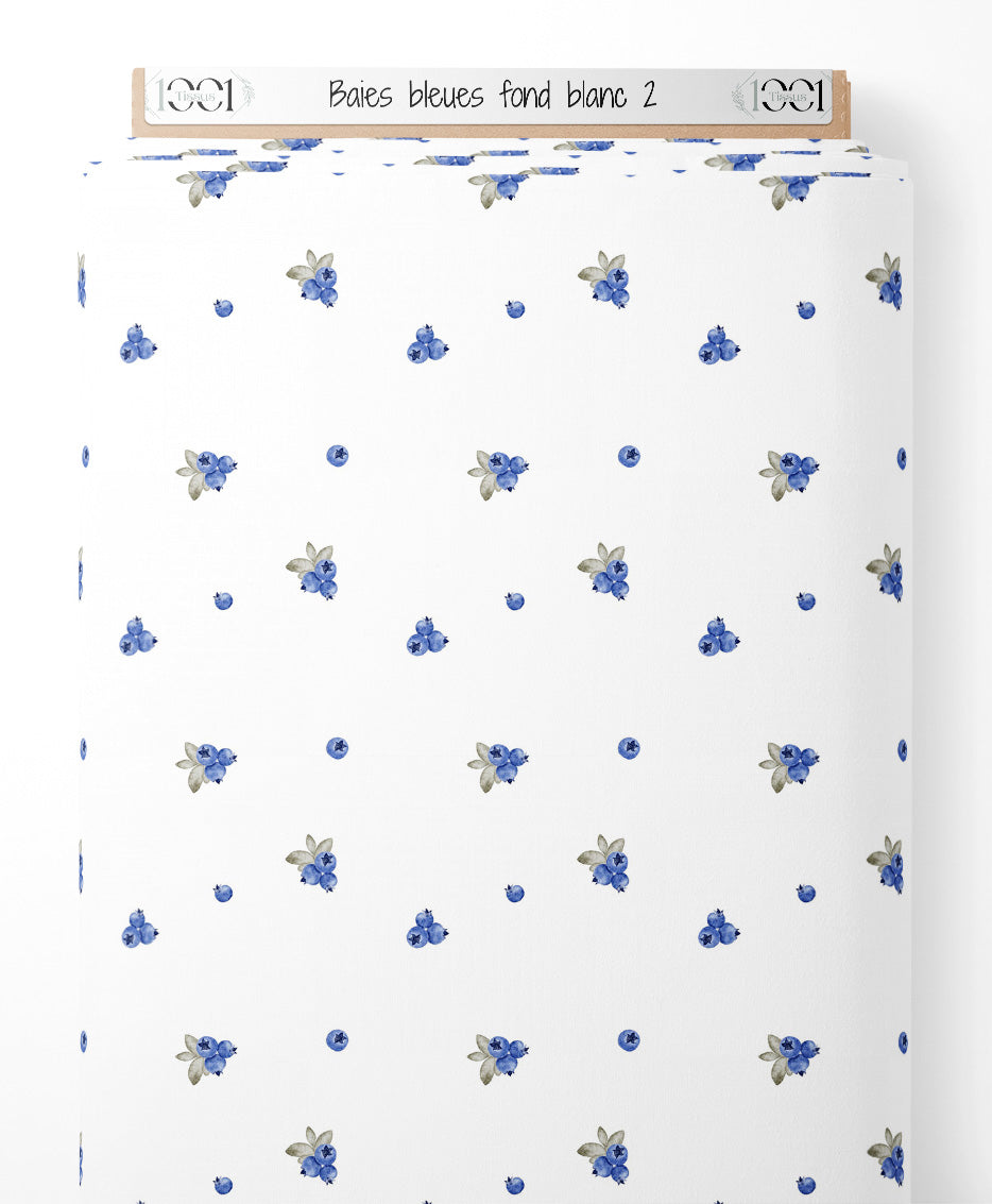 Tissu - Baies bleues sur fond blanc 2