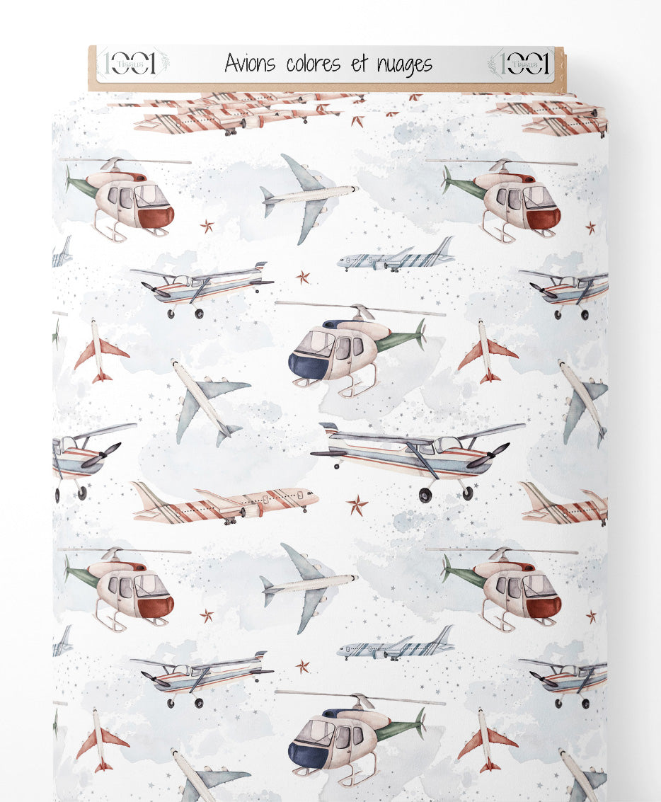 Tissu - Avions colorés et nuages