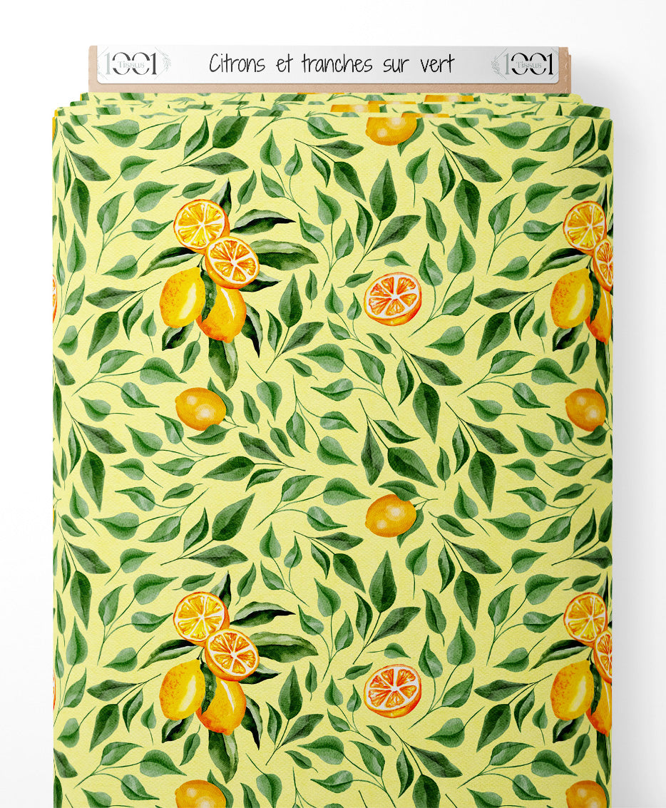 Tissu - Citrons et tranches sur vert