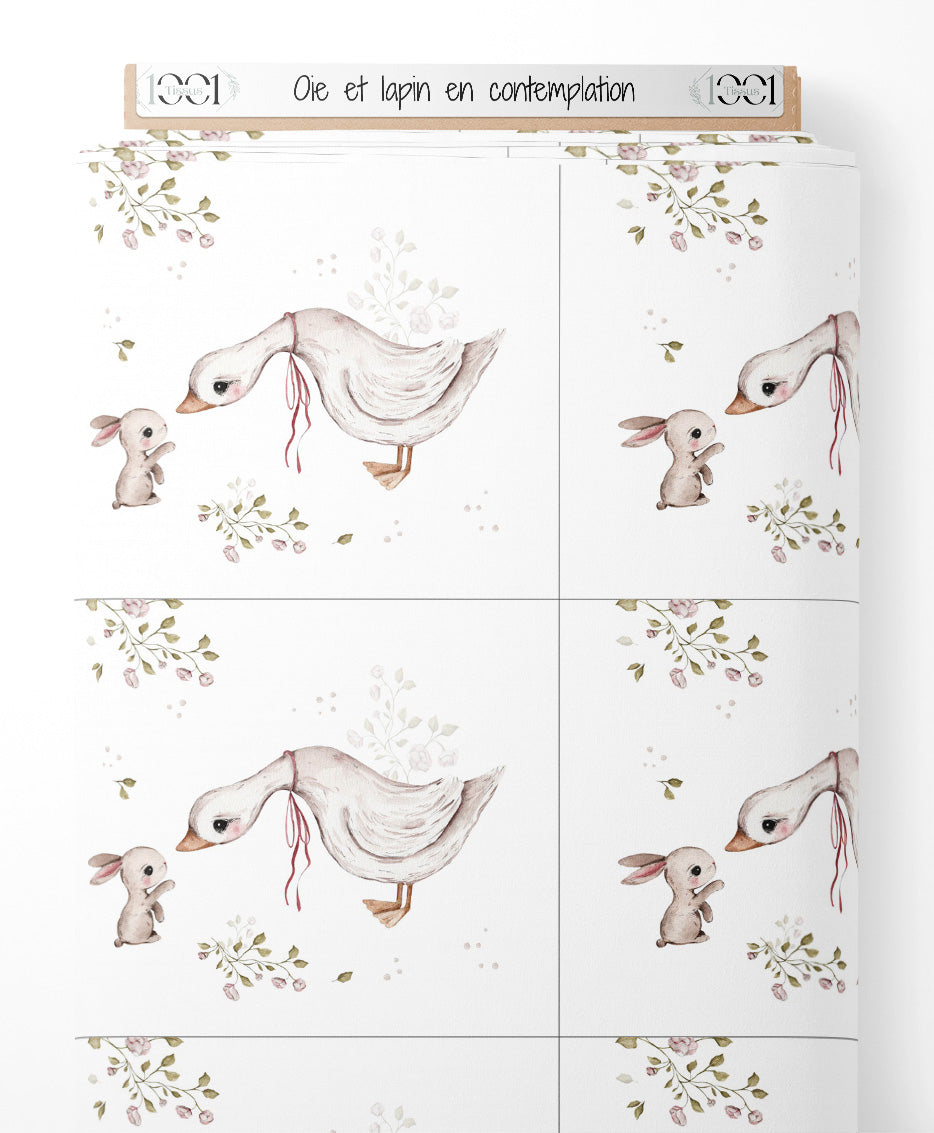Tissu - Oie et lapin en contemplation