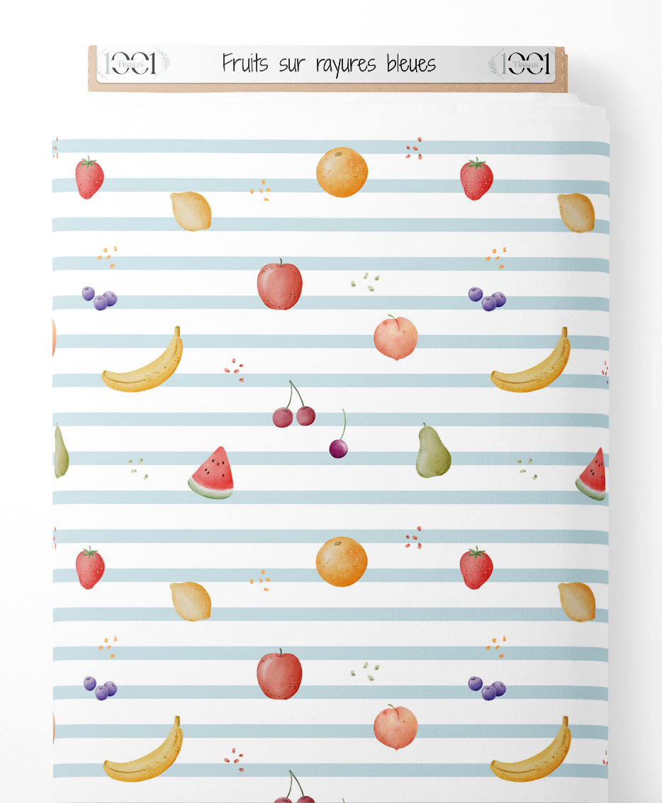 Tissu - Fruits sur rayures bleues
