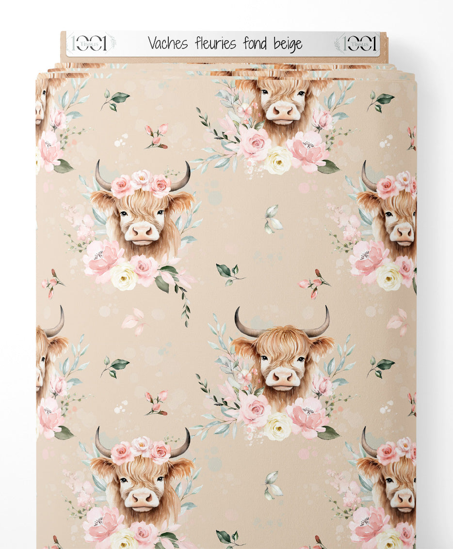 Tissu - Vaches fleuries sur fond beige