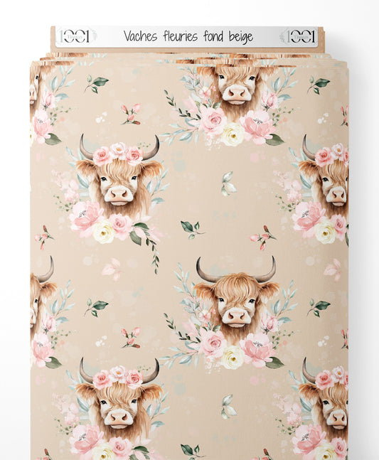 Tissu - Vaches fleuries sur fond beige
