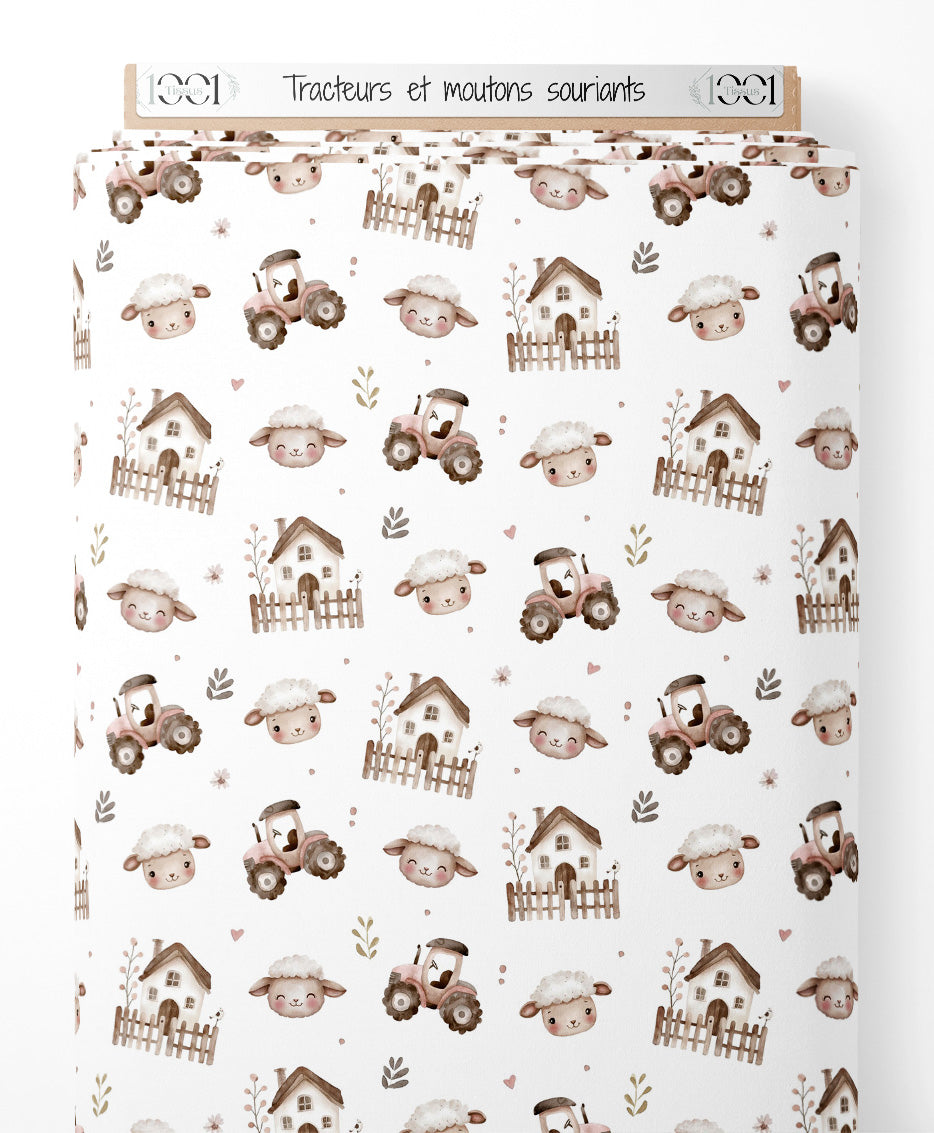 Tissu - Tracteurs et moutons souriants