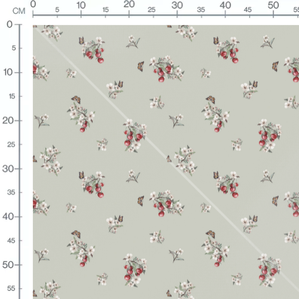 Tissu - Cerises et fleurs sur vert pâle