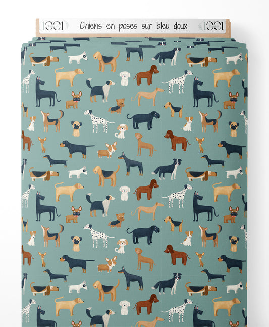 Tissu - Chiens en poses sur bleu doux